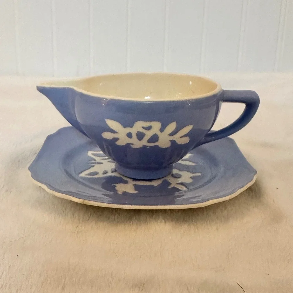 Harker Cameo Ware Gravy Boat Underplate Set Blue White 1940's Good Vintage USA